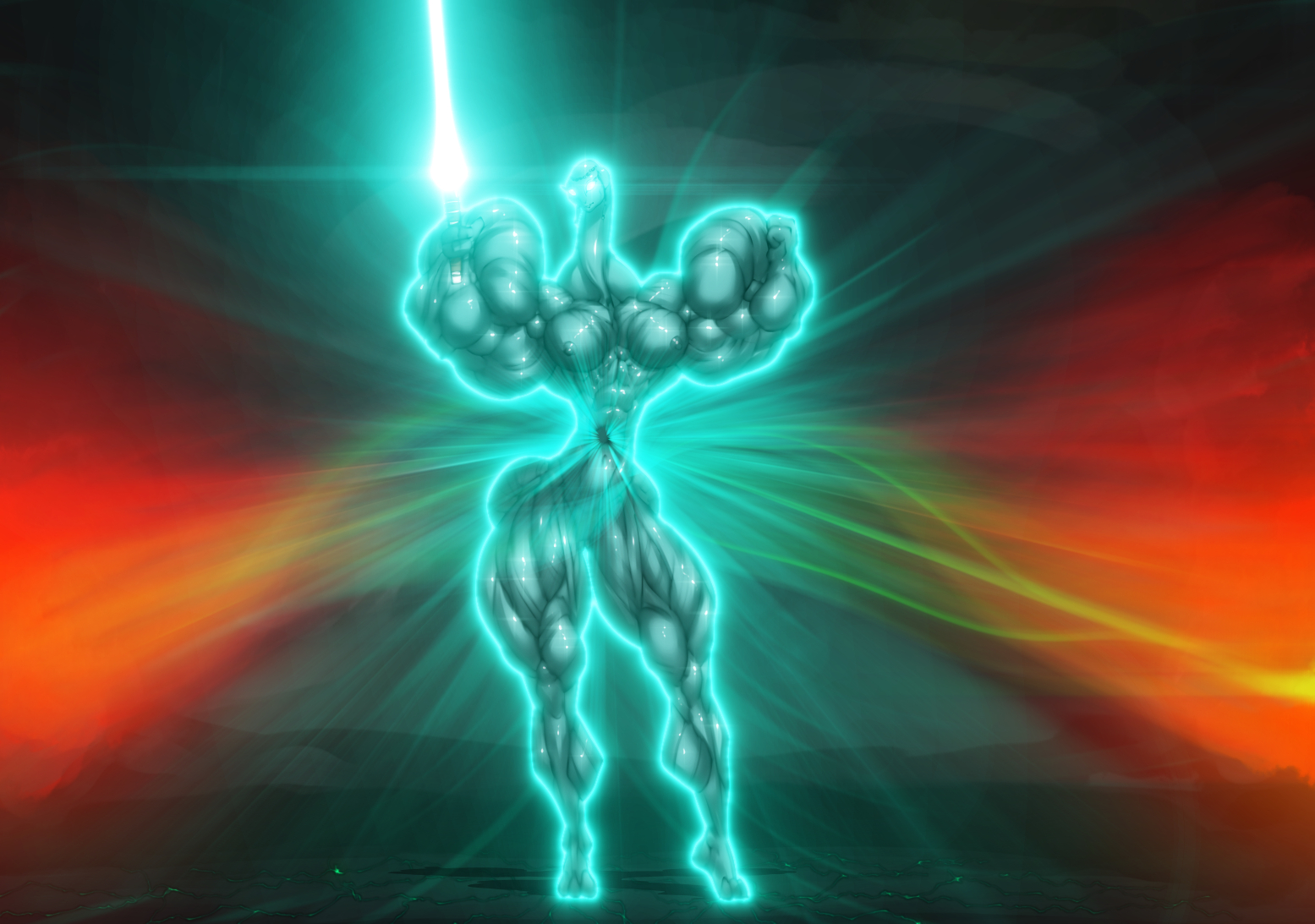 Exceptionally muscular Kaminoan Gi Ka stands triumphant and nude, holding a brilliant aquamarine-bladed lightsaber.  An aura of power surrounds her, causing her eyes to glow and energy from all around--such as the fires on either side of her--to be absorbed into herself.